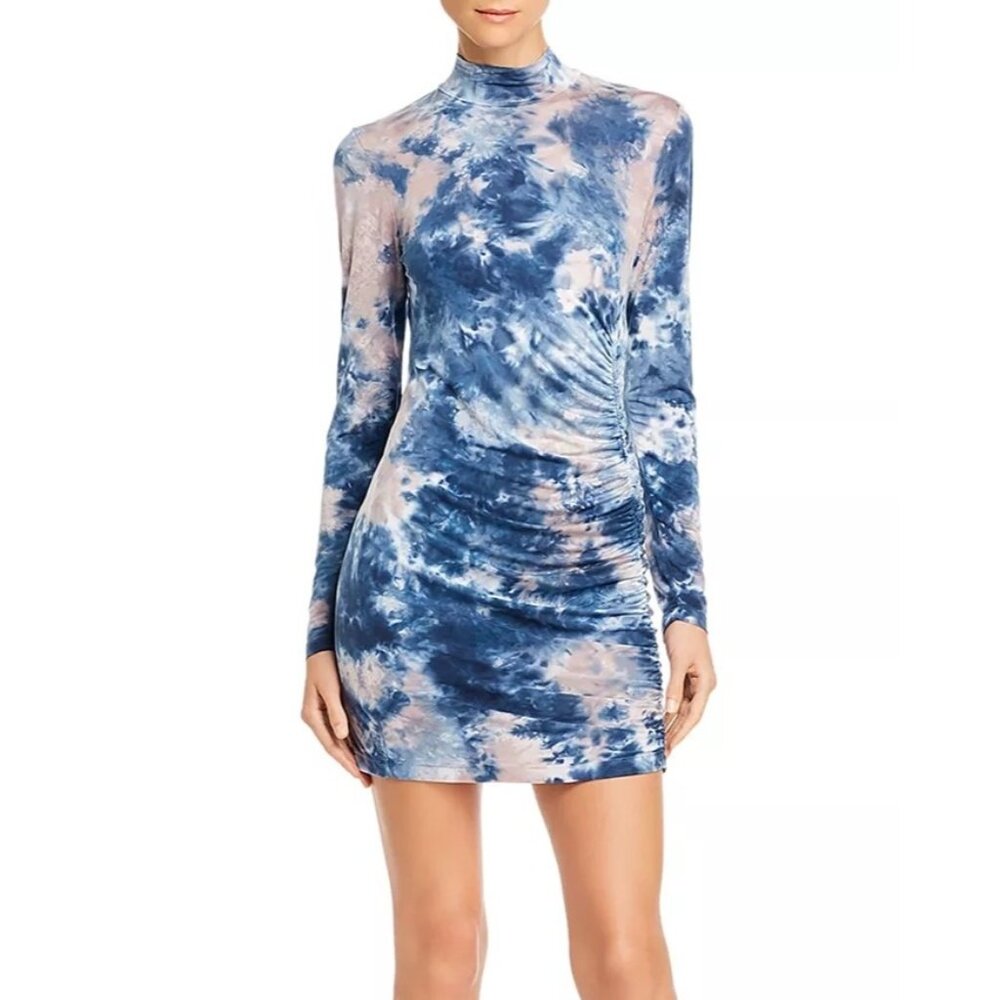 YFB Young Fabulous & Broke Blue Tie Dye Mock Neck Ruched Mini‎ Dress Medium L1